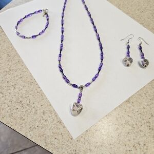 Purple Beaded Jewelry Set with Heart Pendants